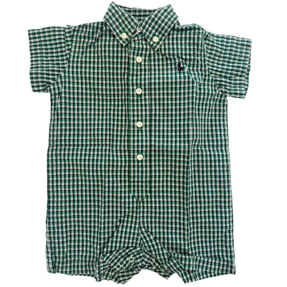 Vtg RALPH LAUREN 12m Baby Toddler Romper Green Navy Pony Snap Bottom 100% Cotton